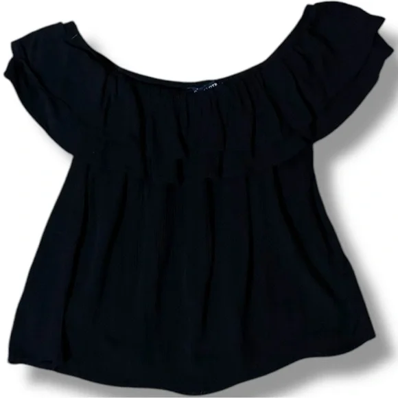 One Clothing Off The Shoulder Ruffled Neck and Sleeves Black Lightweight Top - Picture 12 of 16